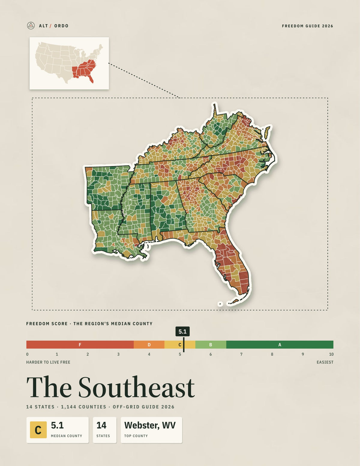 Southeast Off-Grid Guide 2026: 14 States, 1,144 Counties