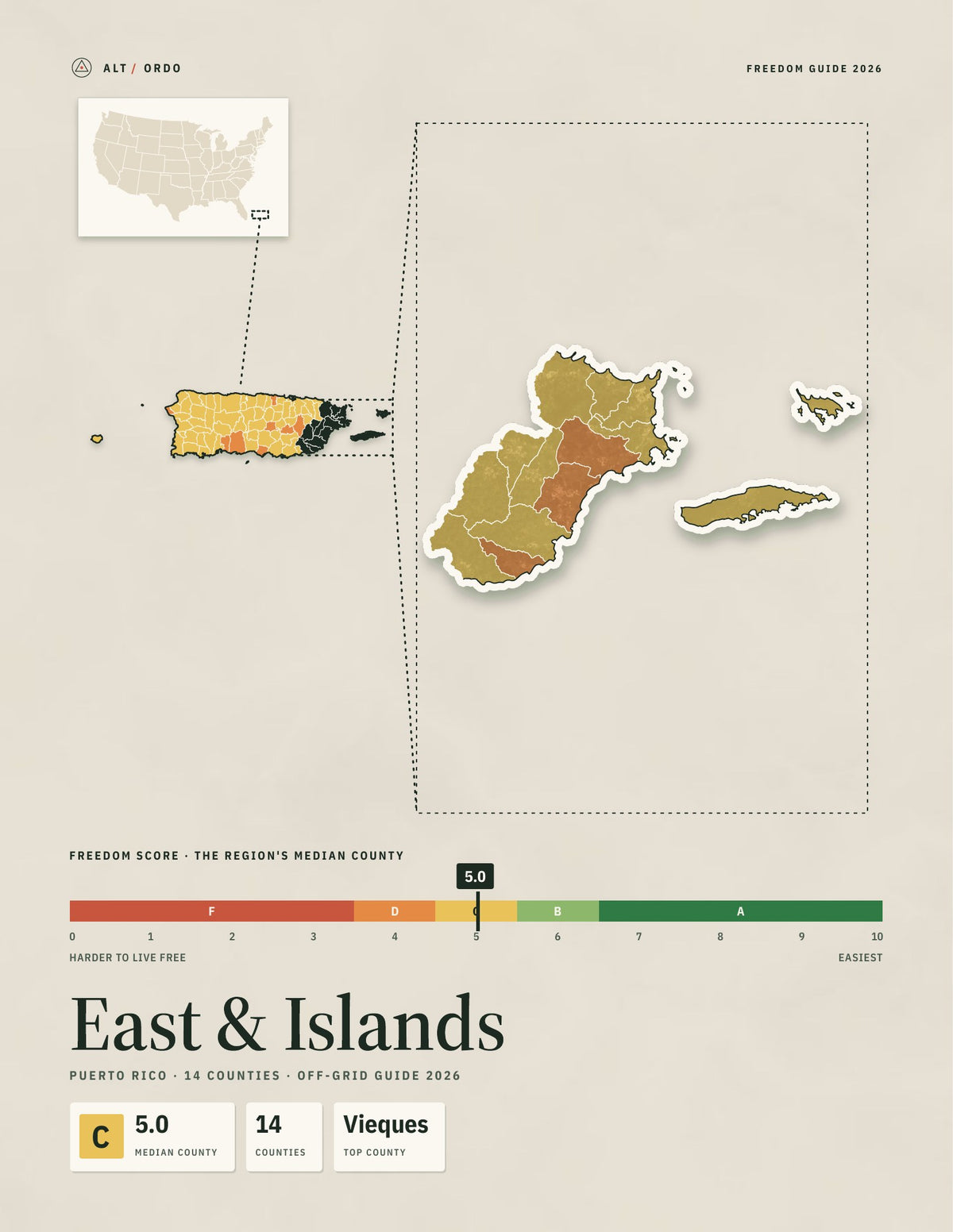 East & Islands, Puerto Rico Off-Grid Guide 2026: 14 Counties Rated