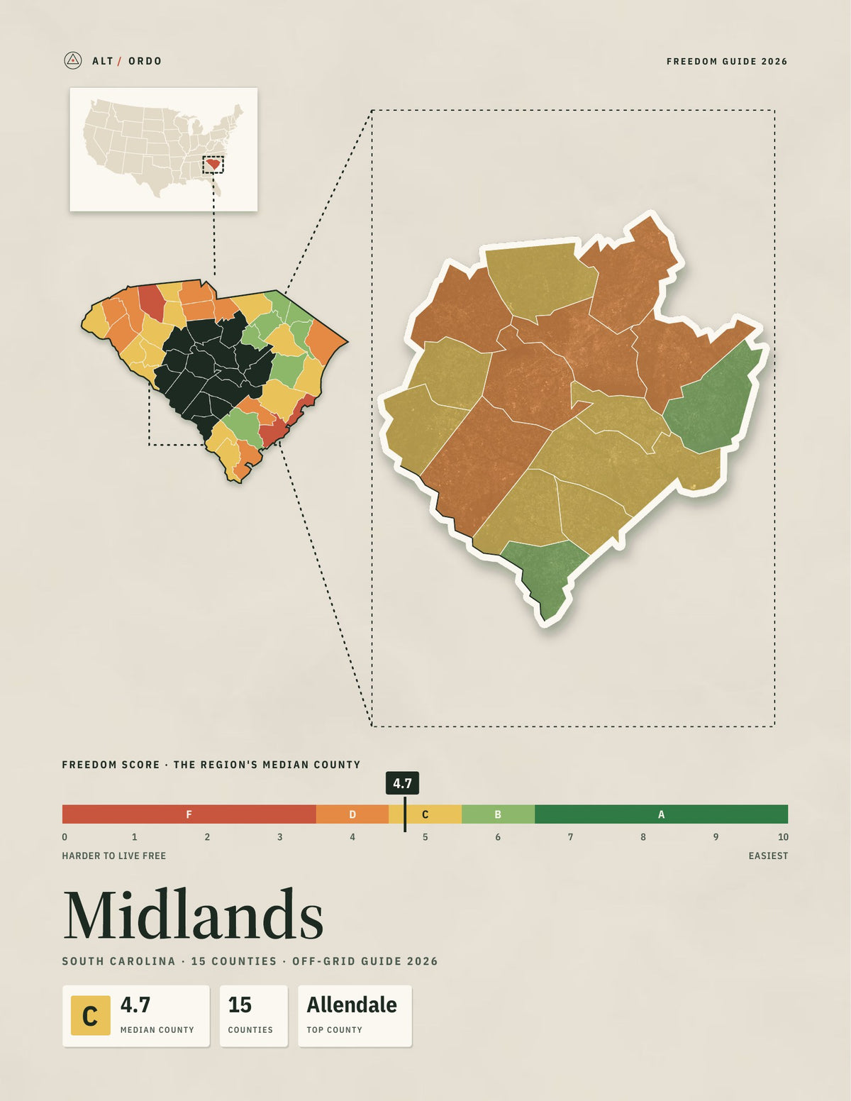 Midlands, South Carolina Off-Grid Guide 2026: 15 Counties Rated