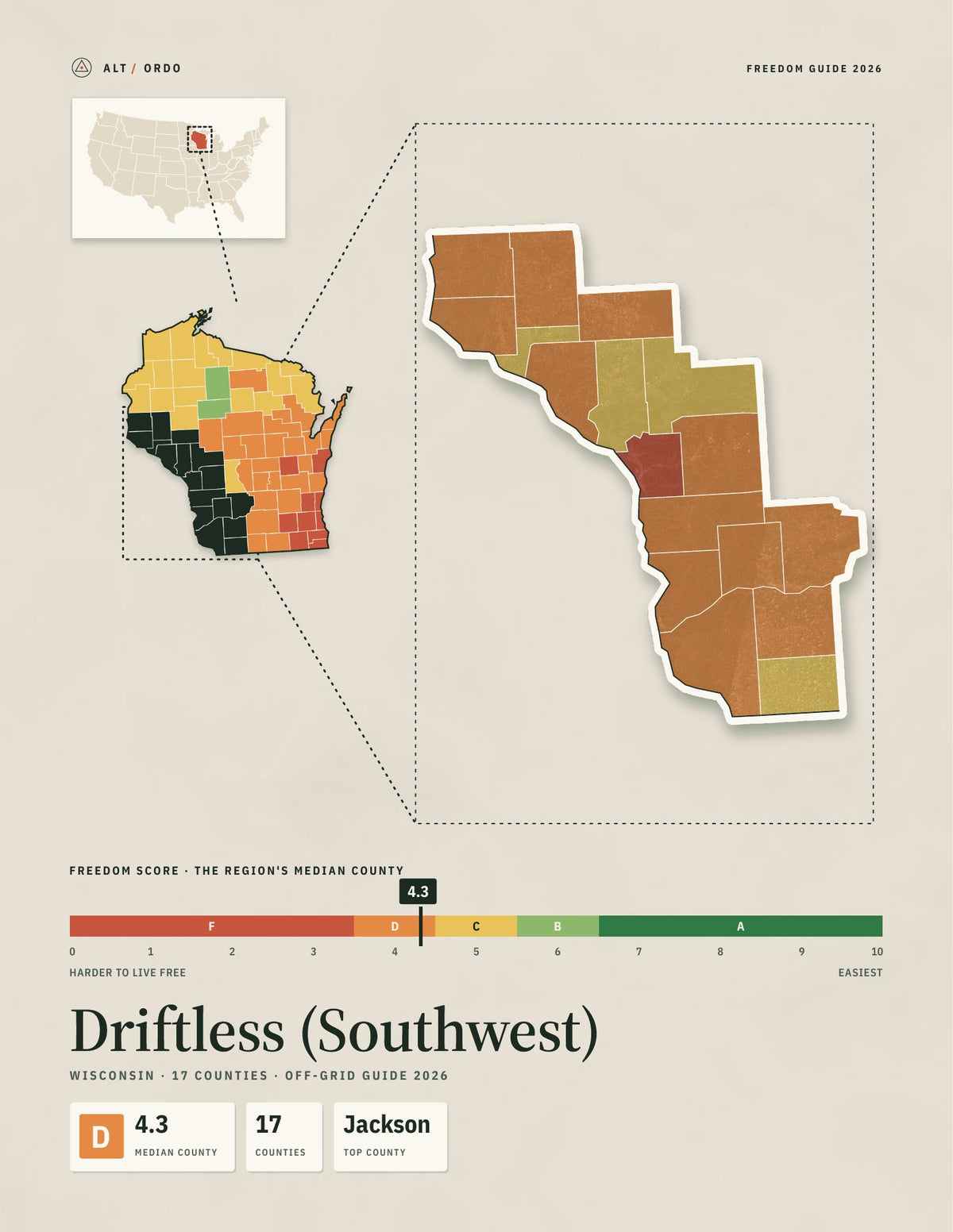 Driftless (Southwest), Wisconsin Off-Grid Guide 2026: 17 Counties Rated