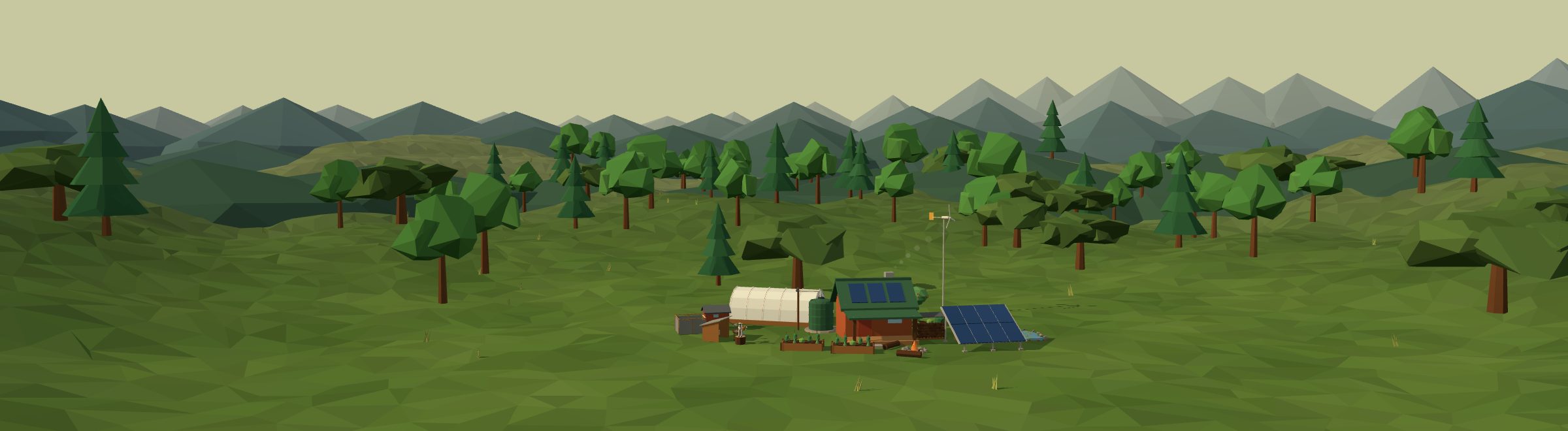 Low-poly 3D off-grid homestead in a appalachian landscape