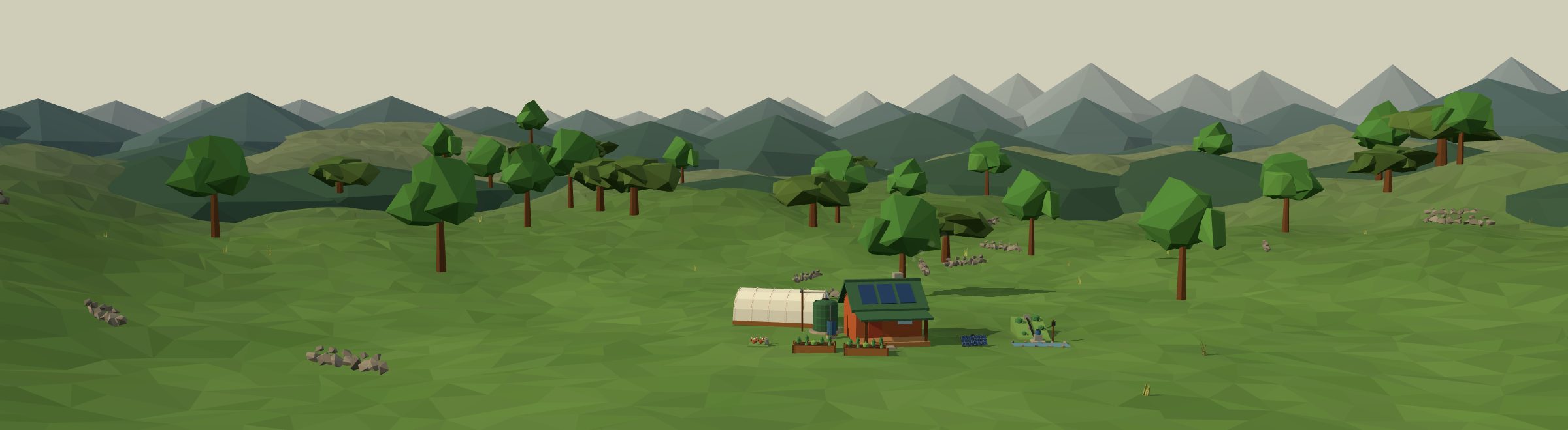 Low-poly 3D off-grid homestead in a british landscape