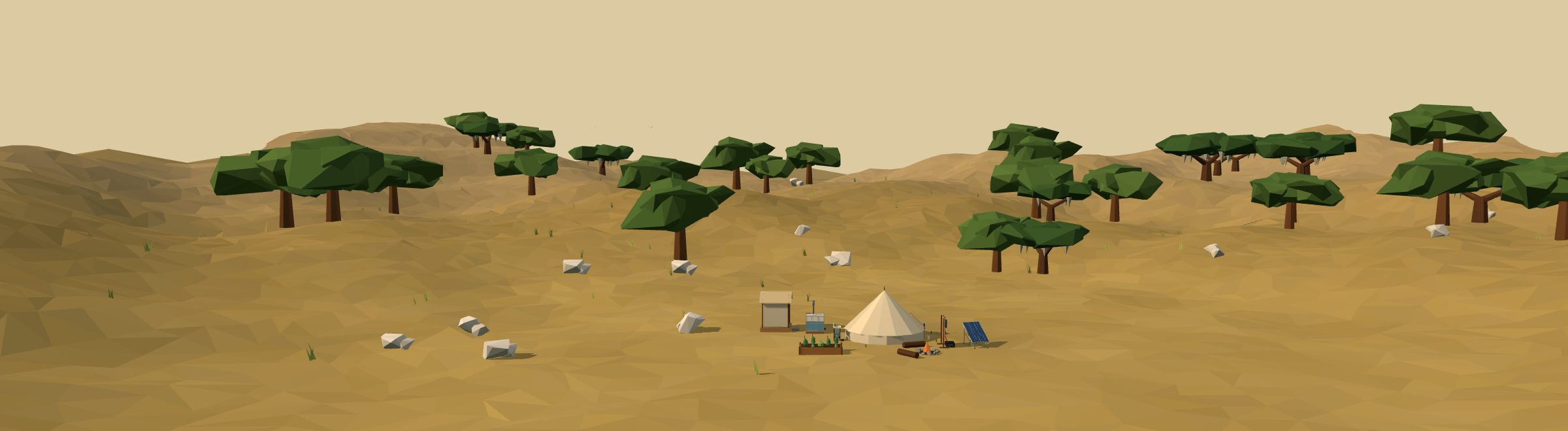 Low-poly 3D off-grid homestead in a chaparral landscape