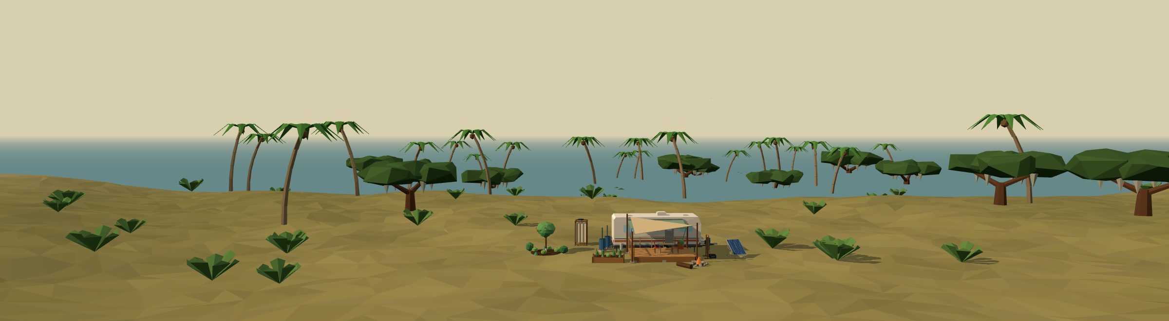 Low-poly 3D off-grid homestead in a florida landscape