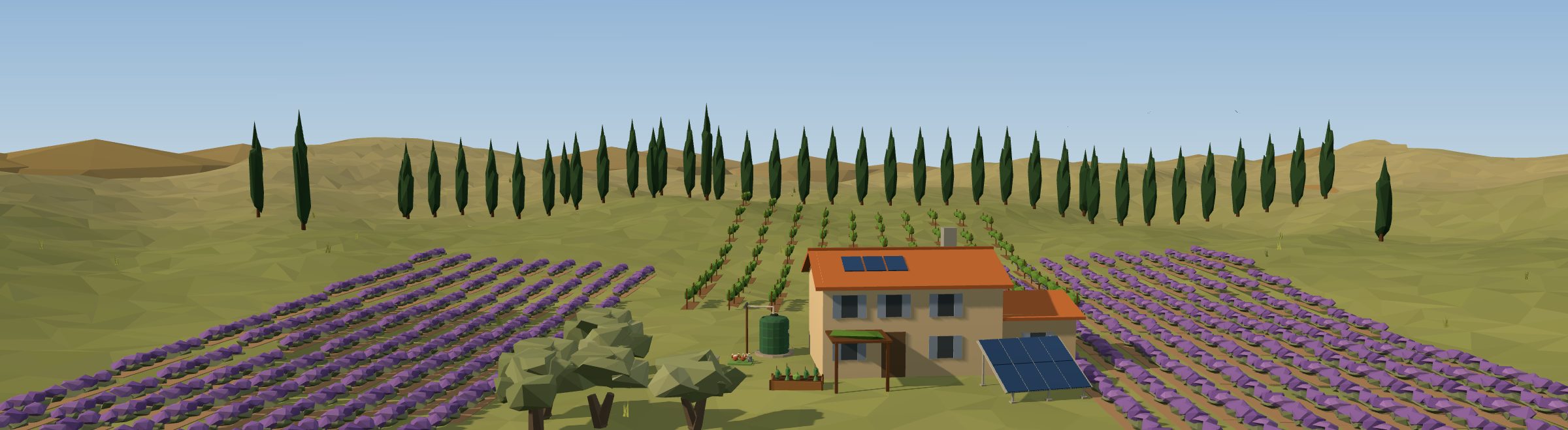 Low-poly 3D off-grid homestead in a france landscape