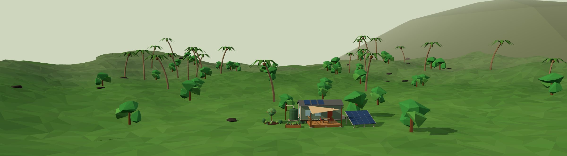 Low-poly 3D off-grid homestead in a hawaii landscape