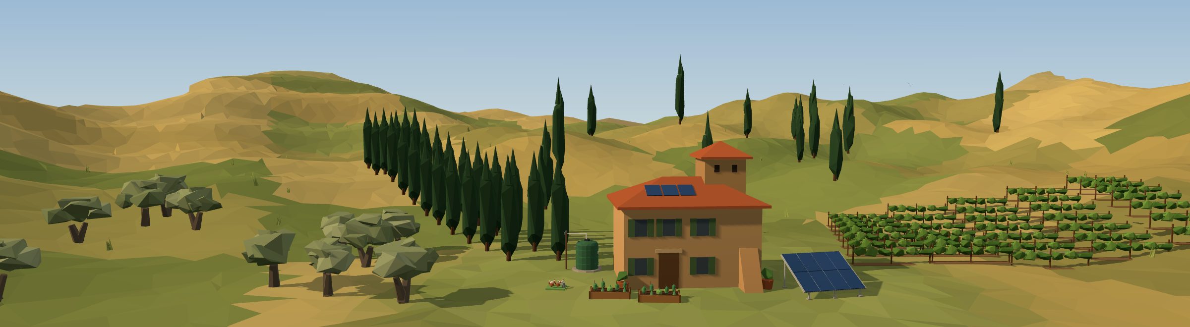 Low-poly 3D off-grid homestead in a italy landscape