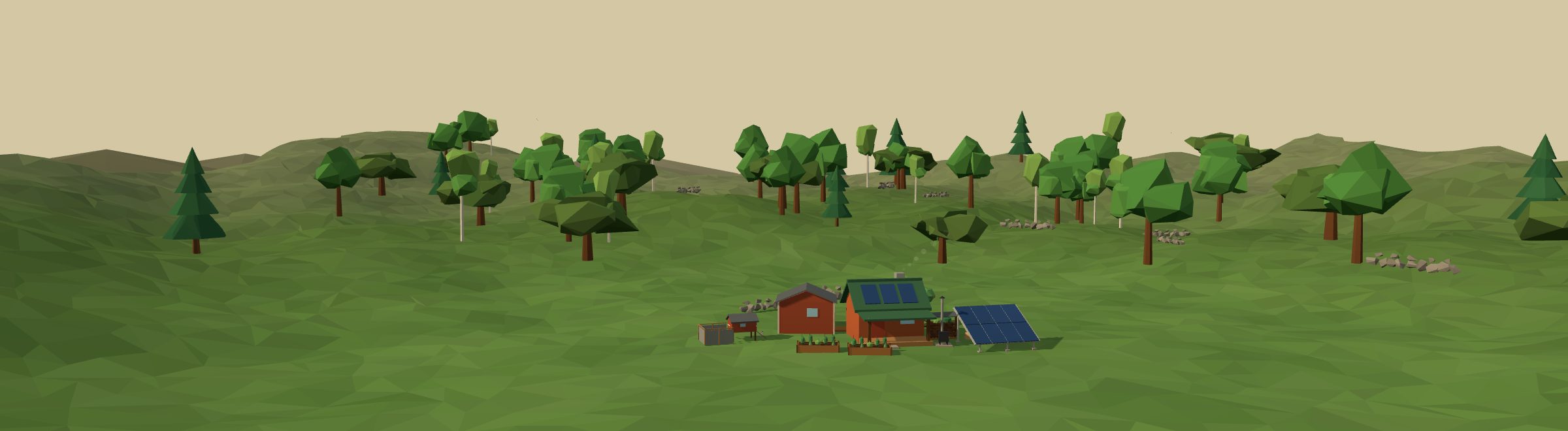 Low-poly 3D off-grid homestead in a newengland landscape