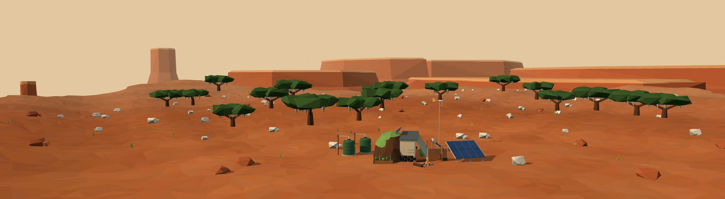 Low-poly 3D off-grid homestead in a outback landscape