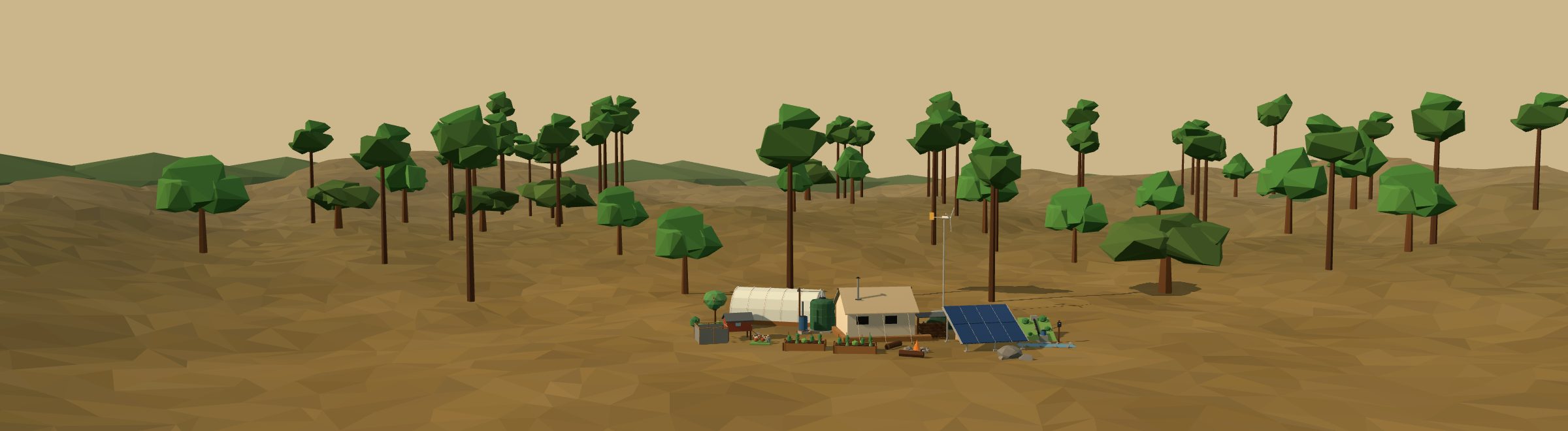 Low-poly 3D off-grid homestead in a piedmont landscape