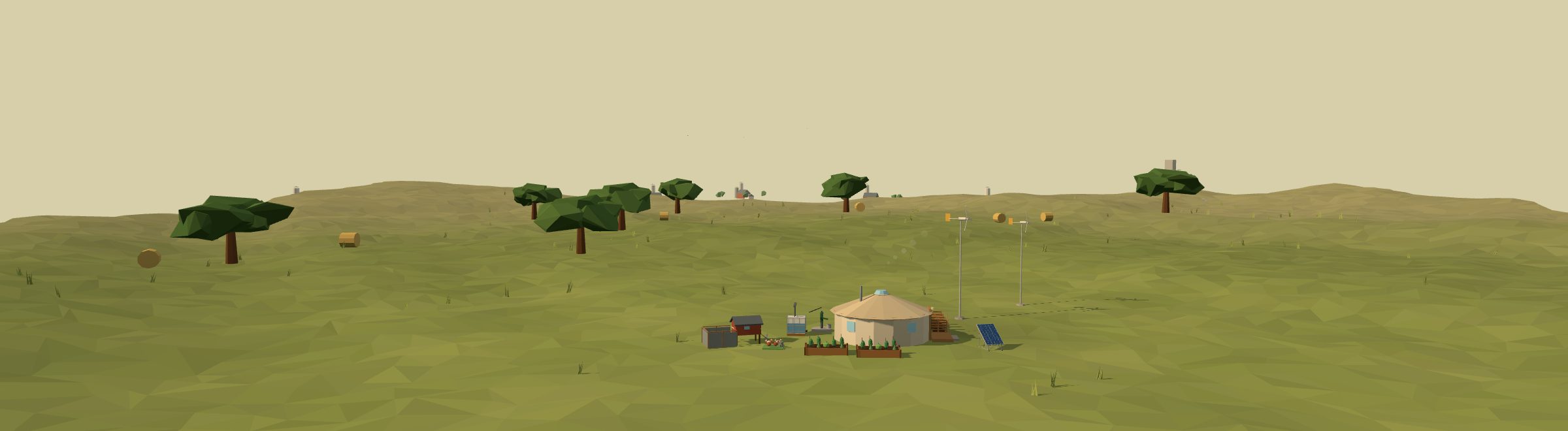 Low-poly 3D off-grid homestead in a prairie landscape