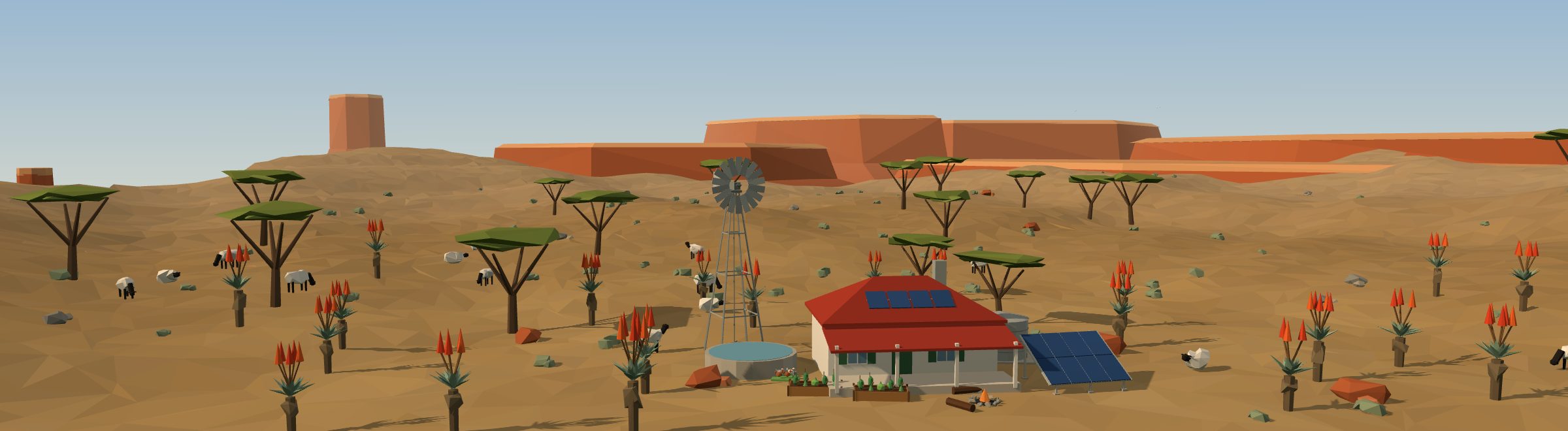 Low-poly 3D off-grid homestead in a southafrica landscape